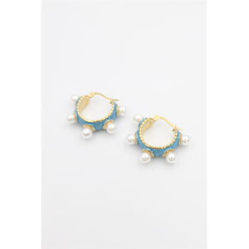 İncili Mineli Halka Küpe - Turkuaz