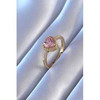 Gold Renk Zirkon Taşlı Kalp Model Pirinç Charm Kadın Yüzük - Lisinya