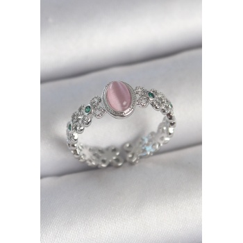 Pirinç Gümüş Renk Zirkon Taş Detaylı Pembe Mineli Damla Model Ayarlanabilir Kadın Yüzük - Lisinya