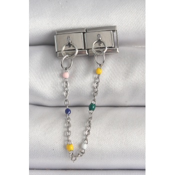 316L Çelik Gümüş Renk 2Li Sallantı Zincir Model Nomination Charm - Lisinya