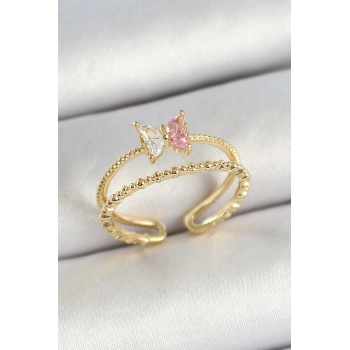 Pirinç Kelebek Figürlü Zirkon Taşlı Gold Renk Ayarlanabilir Kadın Yüzük - Lisinya