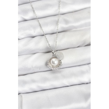 316L Çelik Zincir Gümüş Renk İncili Deniz Kabuğu Model Zirkon Taşlı Kadın Kolye - Lisinya