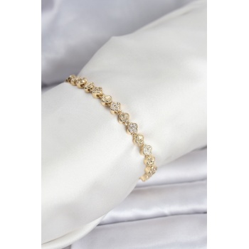Pirinç Gold Renk VIP Seri Sıralı Yonca Model Zirkon Taşlı Kadın Bileklik - Lisinya