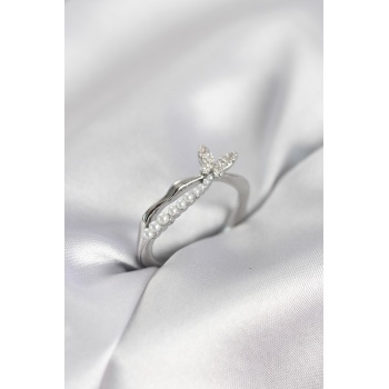 Gümüş Renk Kuyruklu Kelebek Model İncili Kadın Yüzük - Lisinya