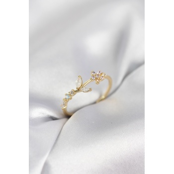 Çiçek Model Zirkon Taşlı Gold Renk Kadın Yüzük - Lisinya