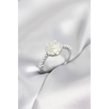 Gümüş Renk Gül Model İncili Kadın Yüzük - Lisinya
