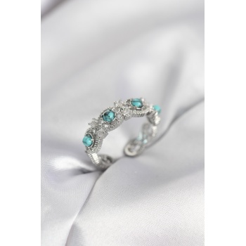 Mavi Taşlı Gümüş Renk Vintage Kadın Yüzük - Lisinya