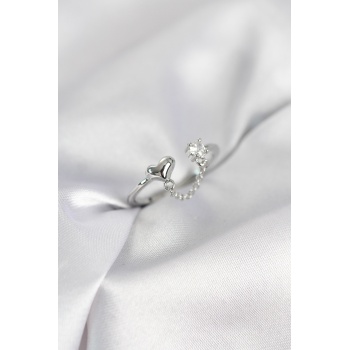 Zincir Sallantılı Kalp Model Gümüş Renk Kadın Yüzük - Lisinya