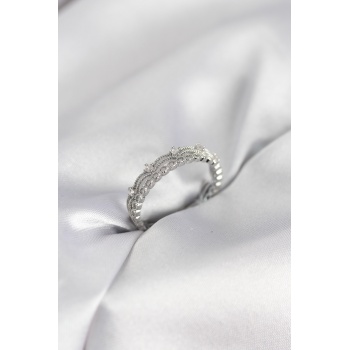 Gümüş Renk Motif Desenli Zirkon Taşlı Kadın Yüzük - Lisinya