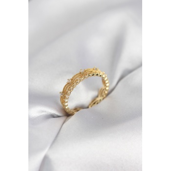 Gold Renk Motif Desenli Zirkon Taşlı Kadın Yüzük - Lisinya