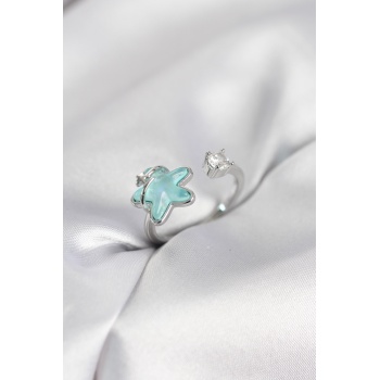 Gümüş Renk Turkuaz Yıldız Model Kadın Yüzük - Lisinya