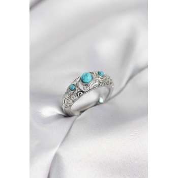 Vintage Model Mavi Taşlı Gümüş Renk Kadın Yüzük - Lisinya