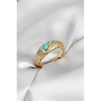 Vintage Model Mavi Taşlı Gold Renk Kadın Yüzük - Lisinya