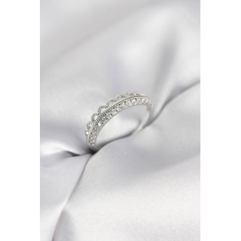 Motif Desenli Gümüş Renk Zirkon Taşlı Kadın Yüzük - Lisinya