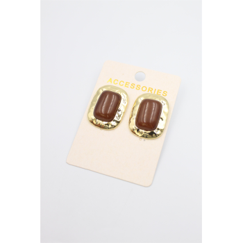 Taşlı Metal Küpe - Kahverengi