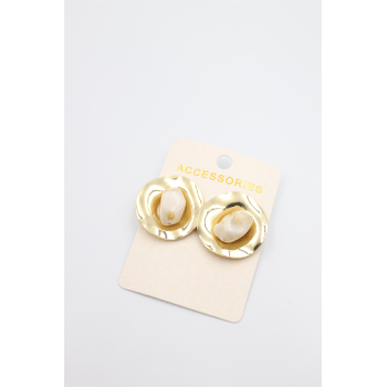 Taşlı Metal Küpe - Krem