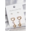 Pirinç Gold Renk Zirkon Taşlı Sallantı Kalp Model Kadın 3 Çift Küpe Seti - Lisinya