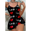 Love Desenli Siyah Saten Gecelik