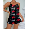 Aşk Temalı Kalp Desenli Siyah Saten Şortlu Gecelik Takım