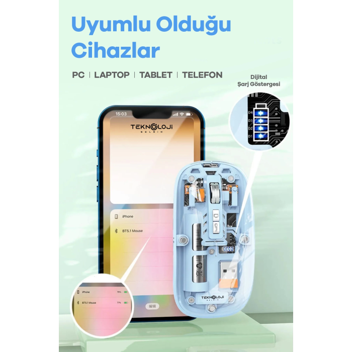 Bluetooth USB Çift Modlu Sessiz Mouse, Şeffaf Mıknatıslı Kapaklı, Type-C Şarjlı, DPI Ayarlı, Kablosuz 10m Çekim Mesafeli, Masaüstü Kısayol Tuşlu, Taşınabilir Şarjlı Mouse Siyah