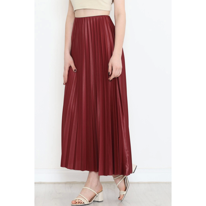 Zarif ve Modern Pileli Parlak Krep Gizli Lastikli Bordo Etek