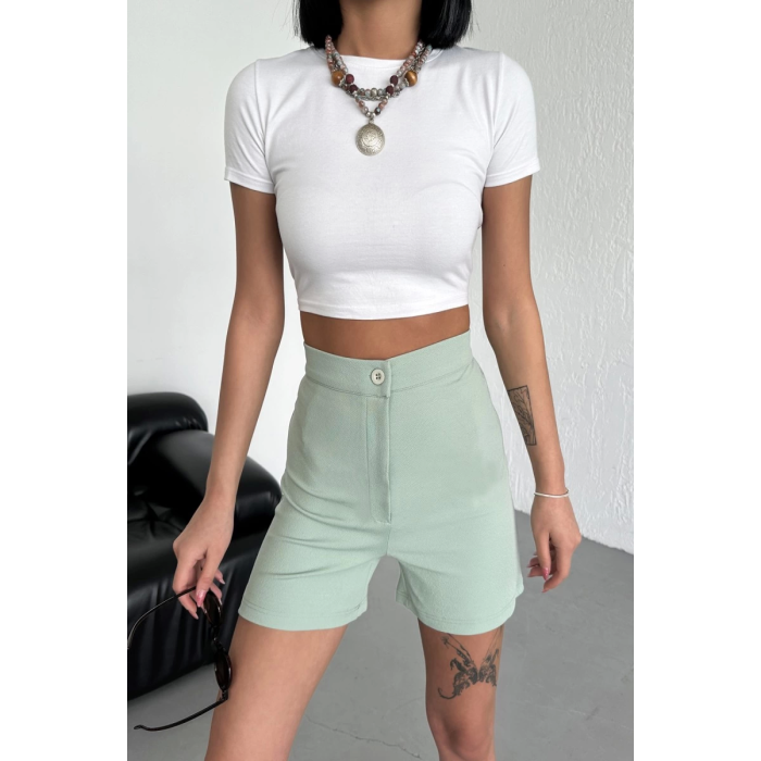 Tarz ve Rahatlığı Bir Arada Sunan Yüksek Bel Esnek Likralı Krep Şort Su Yeşili