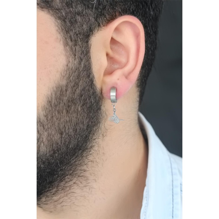 Silver Renk Kaplama Osmanlı Tuğra Figürlü Kıstırmalı Çelik Erkek Küpe -