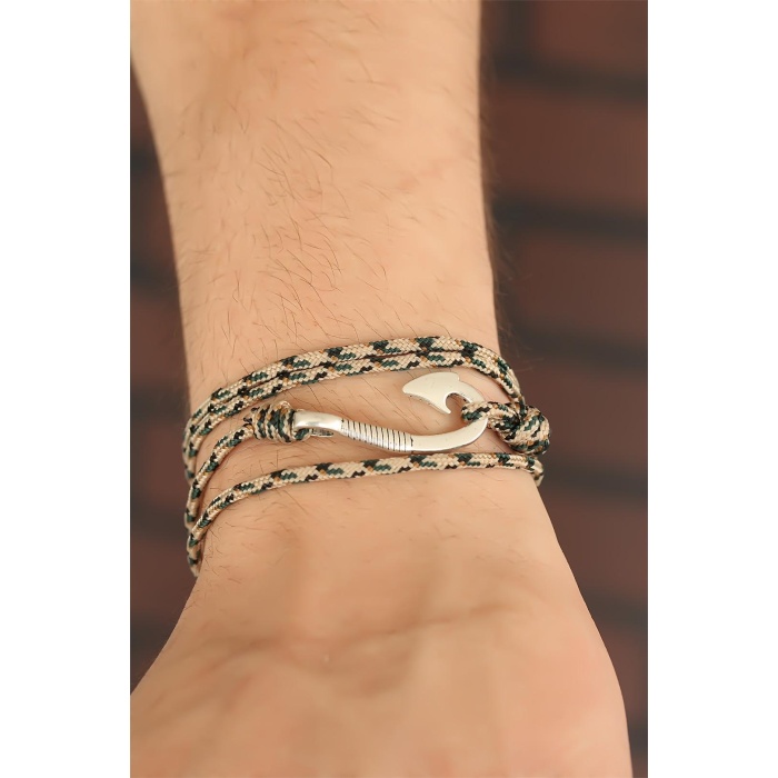 Krem Renk Çizgi Desenli Metal Kancalı Erkek Bileklik -
