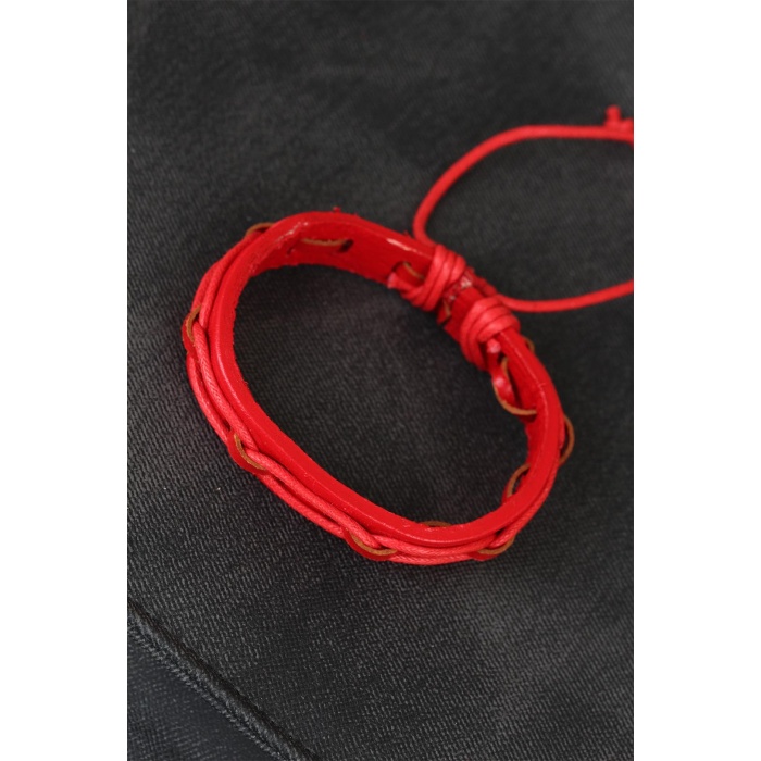 Kırmızı Renk Ayarlamalı İpli Deri Erkek Bileklik -