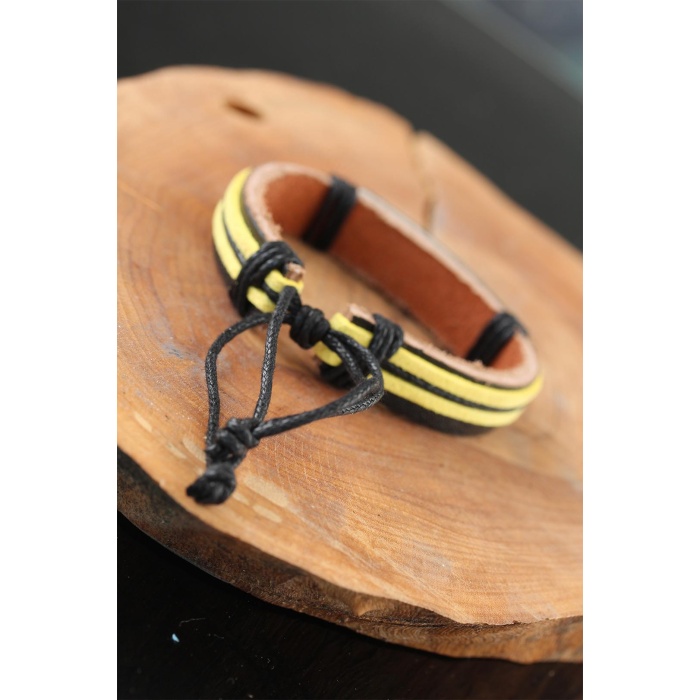 Metal Aksesuarlı Sarı Siyah Renk Deri Erkek Bileklik -