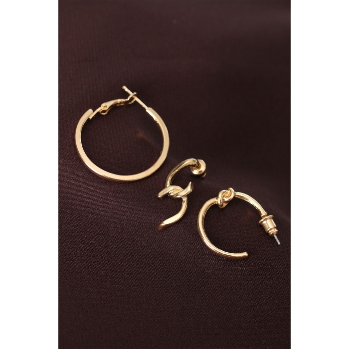 Düğüm Model Altın Renk Metal Çoklu Küpe -