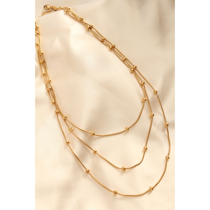 Çelik Altın Renkli Topçuk Tasarımlı Çoklu Kolye -