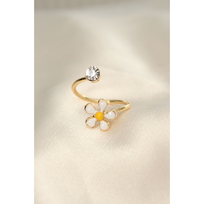 Papatya Tasarımlı Zirkon Taşlı Ayarlanabilir Yüzük -