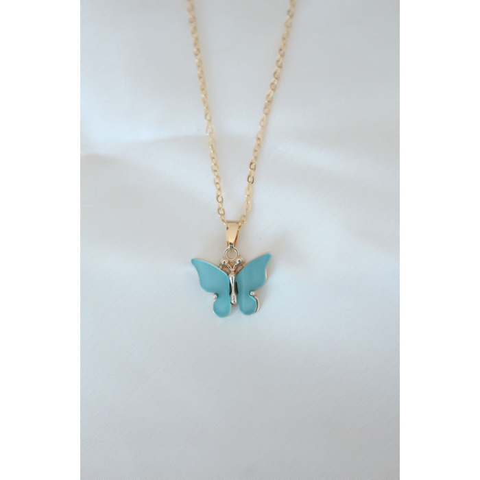 Gold Kaplama Turkuaz Renk Sedefli Kelebek Kolye -
