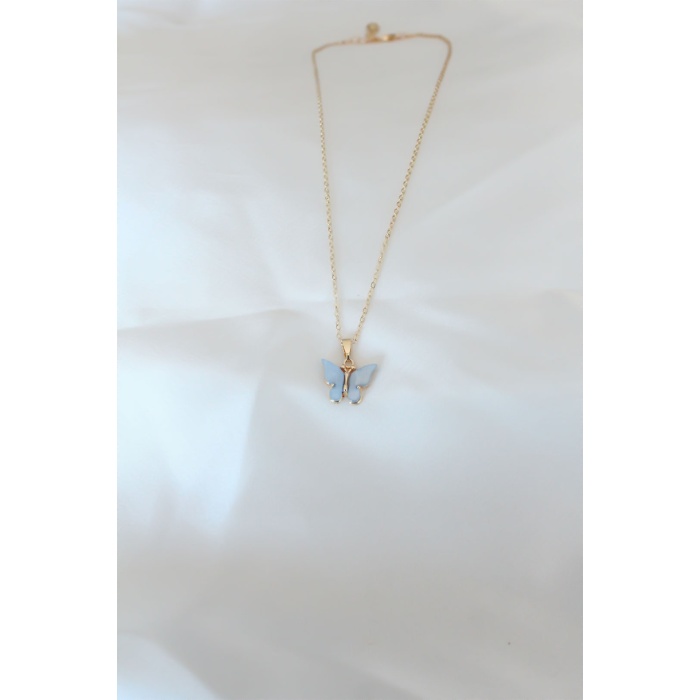 Gold Renk Kaplama Buz Mavisi Renk Sedefli Kelebek Kolye -