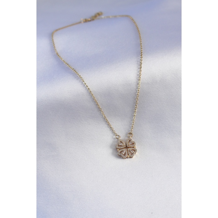 316L Çelik Gold Renk Açılır Zirkon Taşlı Yonca Model Kadın Kolye -