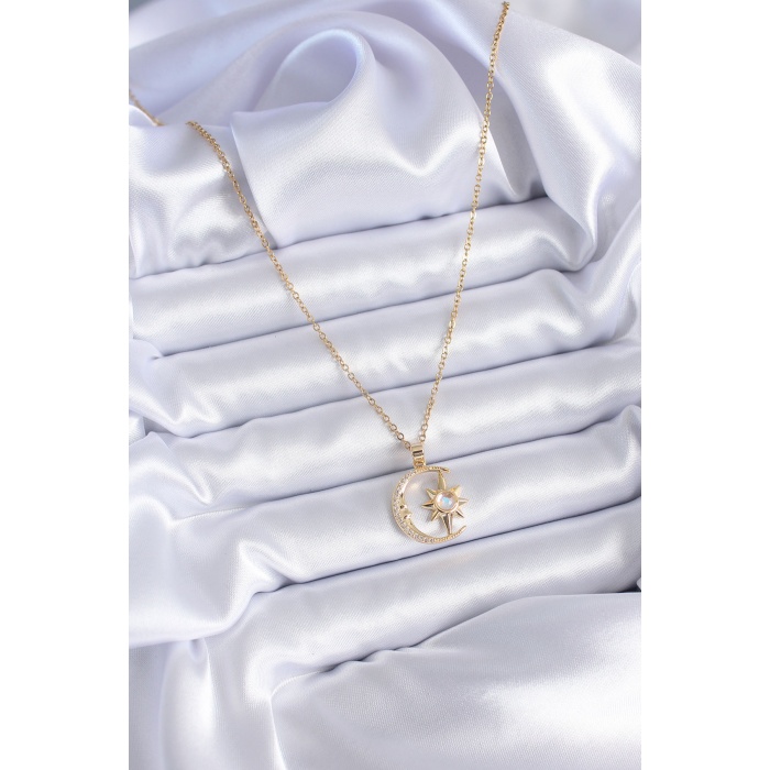 316L Çelik Gold Renk Zirkon Taşlı Ay Yıldız Model Kadın Kolye -