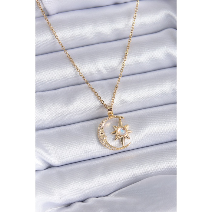 316L Çelik Gold Renk Zirkon Taşlı Ay Yıldız Model Kadın Kolye -