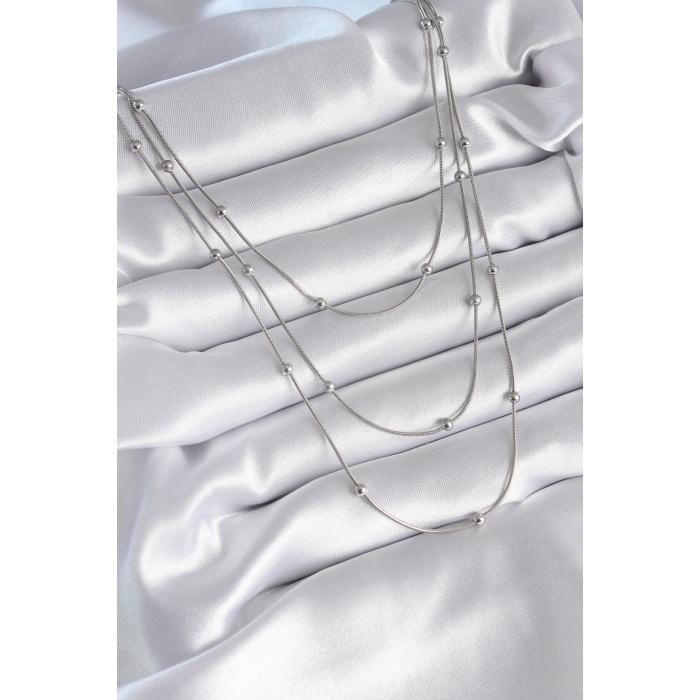 316L Çelik Gümüş Renk 3lü Topçuk Detay Kadın Kolye -