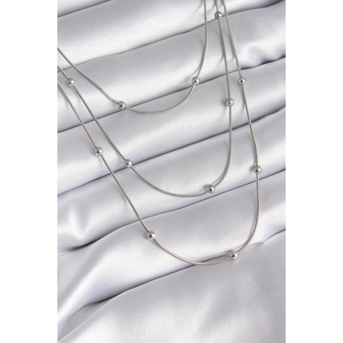 316L Çelik Gümüş Renk 3lü Topçuk Detay Kadın Kolye -