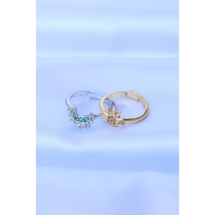 Pirinç Zirkon Taşlı 2li Ayarlanabilir Arkadaş Yüzüğü -