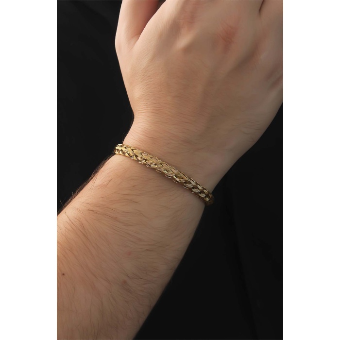 316L Çelik Altın Renk Kalın Yassı Örgü Model Erkek Bileklik -
