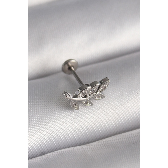 316L Çelik Gümüş Renk Dal Model Zirkon Taş Detaylı Tragus Piercing -