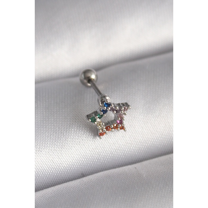 316L Çelik Gümüş Renk Renkli Zirkon Taşlı Yıldız Model Tragus Piercing -