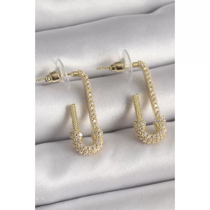 Pirinç Gold Renk Zirkon Taşlı Çengelli İğne Model Kadın Küpe