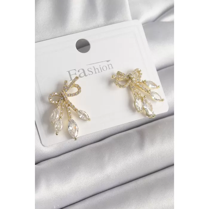 Pirinç Gold Renk Zirkon Taşlı Düğüm Model Damla Zirkon Taşlı Kadın Küpe