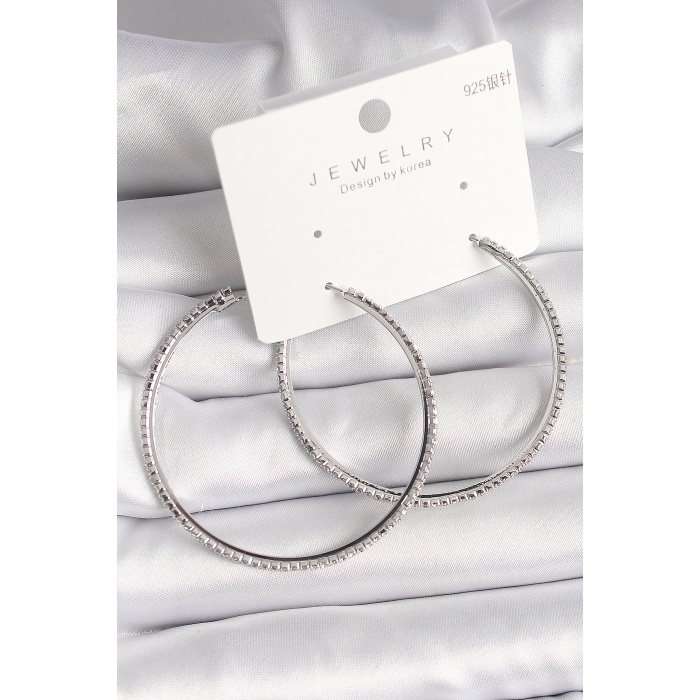 Pirinç Gümüş Renk Zirkon Taşlı Halka Model Kadın Küpe -