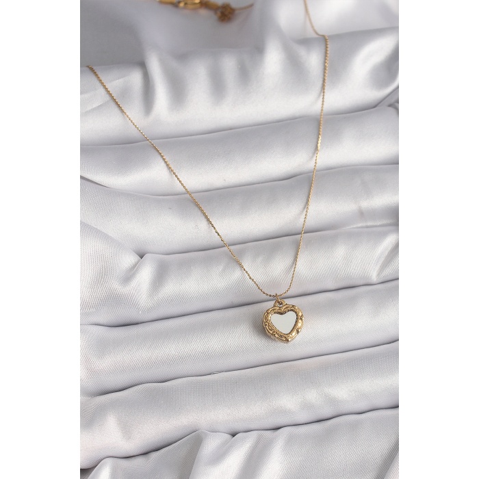 316L Çelik Gold Renk Zincir Sedefli Kalp Model Kadın Kolye -