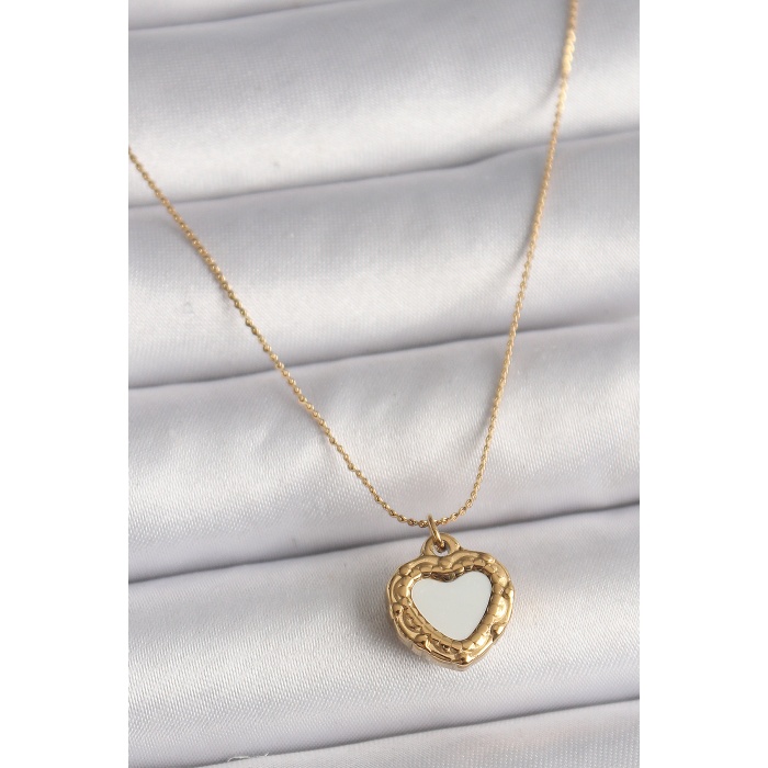 316L Çelik Gold Renk Zincir Sedefli Kalp Model Kadın Kolye -