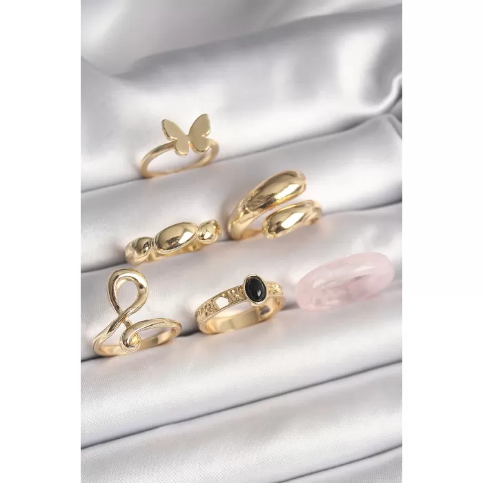 Pirinç Gold Renk Kelebek Figür Sarmal Model 6Lı Kadın Yüzük Seti